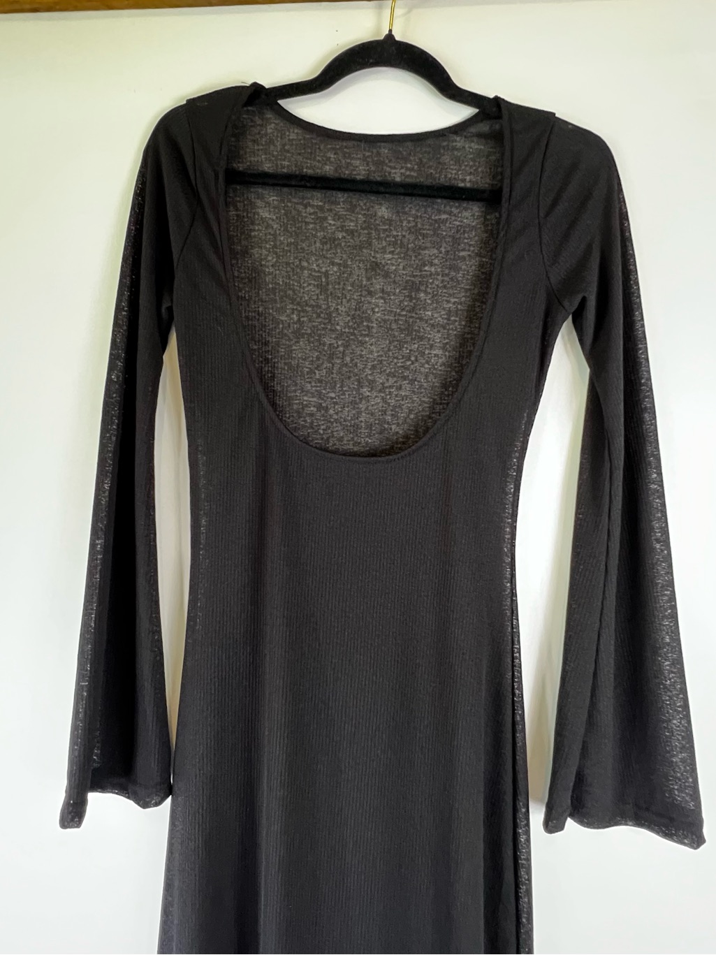 Black Long Sleeve Scoop Neck Maxi Dress Pool Cover Up Goth Vamp Whimsigoth Flare